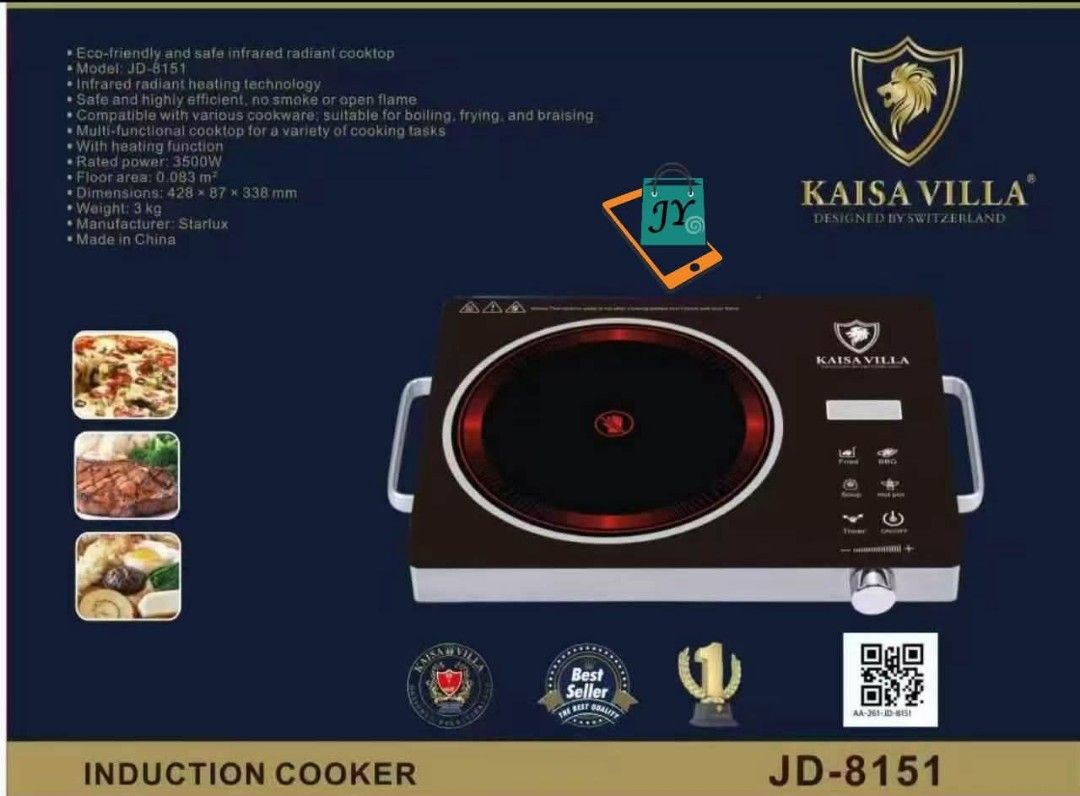 Kaisa Villa JD-8151 Induction Cooker (Category: Cookers) located in Manila. Submitted by chaionlineshop (Listing ID 1460522773, Image 3). Description: - Eco-friendly and safe infrared radiant heating technology - No smoke or open flame for a safer cooking experience - Compatible with various cookware types - Versatile for boiling, frying, and braising - Rated Power: 3500W - Dimensions: 428 x 87 x 338 mm - Weight: 3 kg - Manufacturer: Starlux - Ma