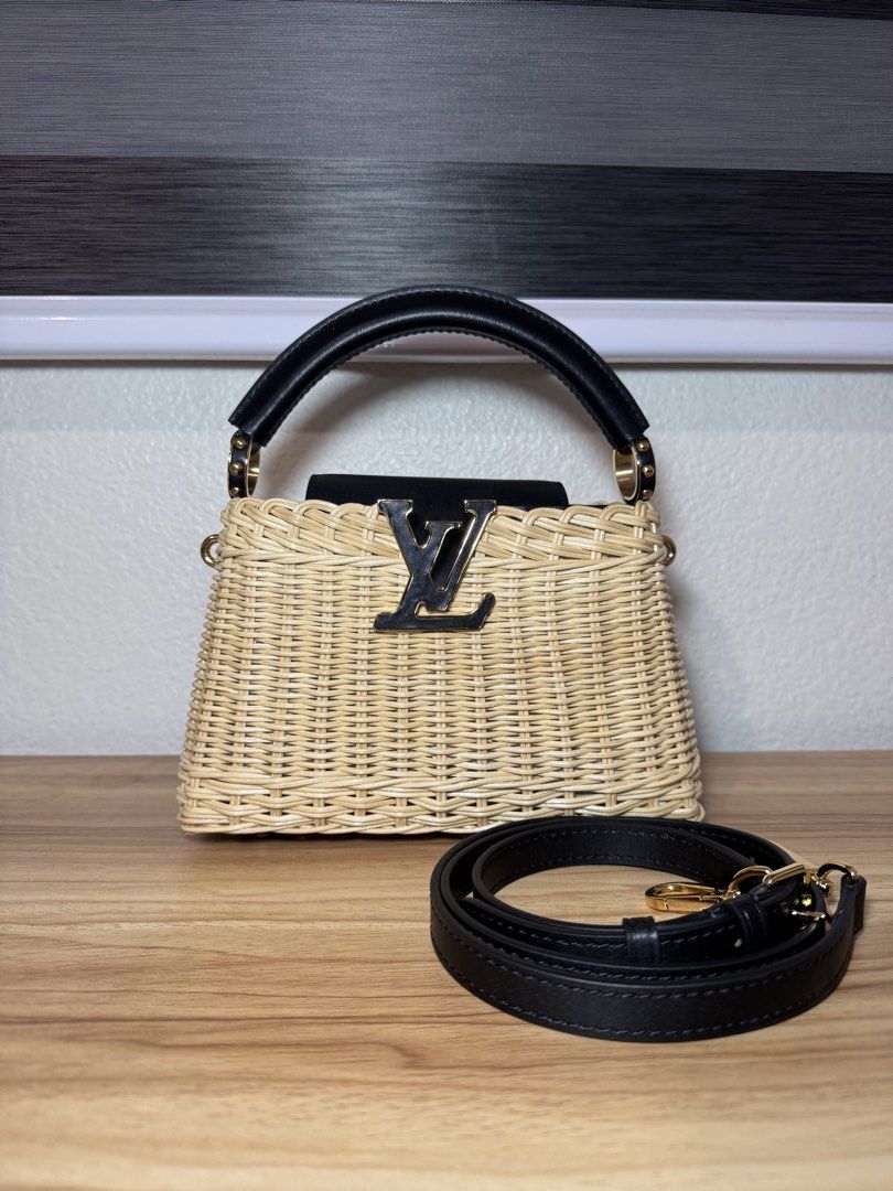 L V Capucines (Category: Luxury Bags & Wallets) located in Abucay. Submitted by miaou_finds (Listing ID 1460626569, Image 1). Description: Hand-picked this pre-loved LV Capucines Wicker because the craftsmanship is just top-tier. Super rare, ultra-chic, and ready for its next home! 🥰 🤍Condition: Excellent ☑️ Microchip 💼 includes strap + dustbag 🏷️ ₱5,500 (neg).