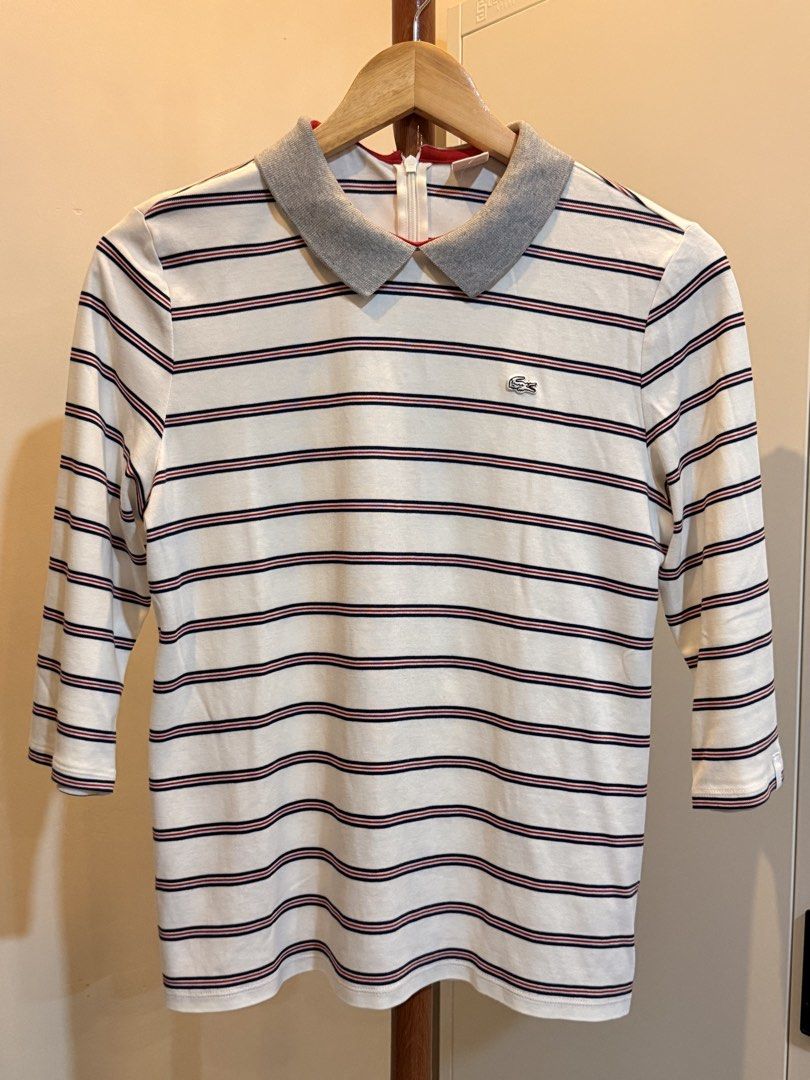 Lacoste Striped Interlock Double-Face (Sz. L) (Category: Shirts) located in Candaba. Submitted by beyondcollection (Listing ID 1460682002, Image 1). Description: - may dumi lang sa back part - large women - ganda nito - 9/10.
