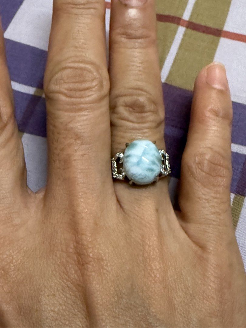 Natural Larimar Cabochon Ring 925 silver setting (Category: Announcements) located in Quezon City. Submitted by rieshop23 (Listing ID 1460587081, Image 2). Description: 11.5mm larimar stone Size is Adjustable With free larimar pendant silver plated.