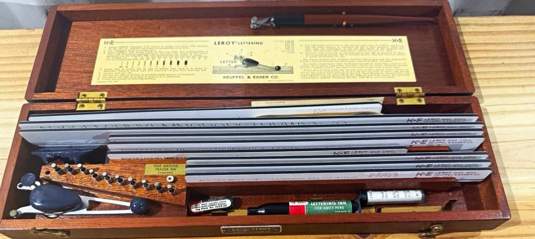 Leroy Lettering Set (Category: Stationery & School Supplies) located in Caloocan City. Submitted by _loadbreadfluppy. (Listing ID 1460612848, Image 2). Description: VINTAGE 1944 Keuffel & Esser Co K&E Leroy Lettering Drafting Template Set in Original Mahogany Wooden Case +freebies Item originally from US.