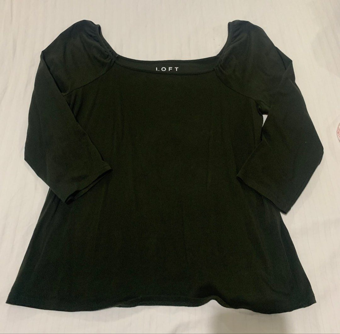 LOFT Square Neck 3/4 Sleeve Top (Olive Green) (Category: Blouses) located in Paranaque City. Submitted by vbvessentials (Listing ID 1460664259, Image 1). Description: - Brand: LOFT - Color: Olive Green - Neckline: Square - Sleeves: 3/4 length - Fabric: Stretchy - Origin: Made in Vietnam/ bought in the USA - Occasion: Great for casual wear or dressing up.