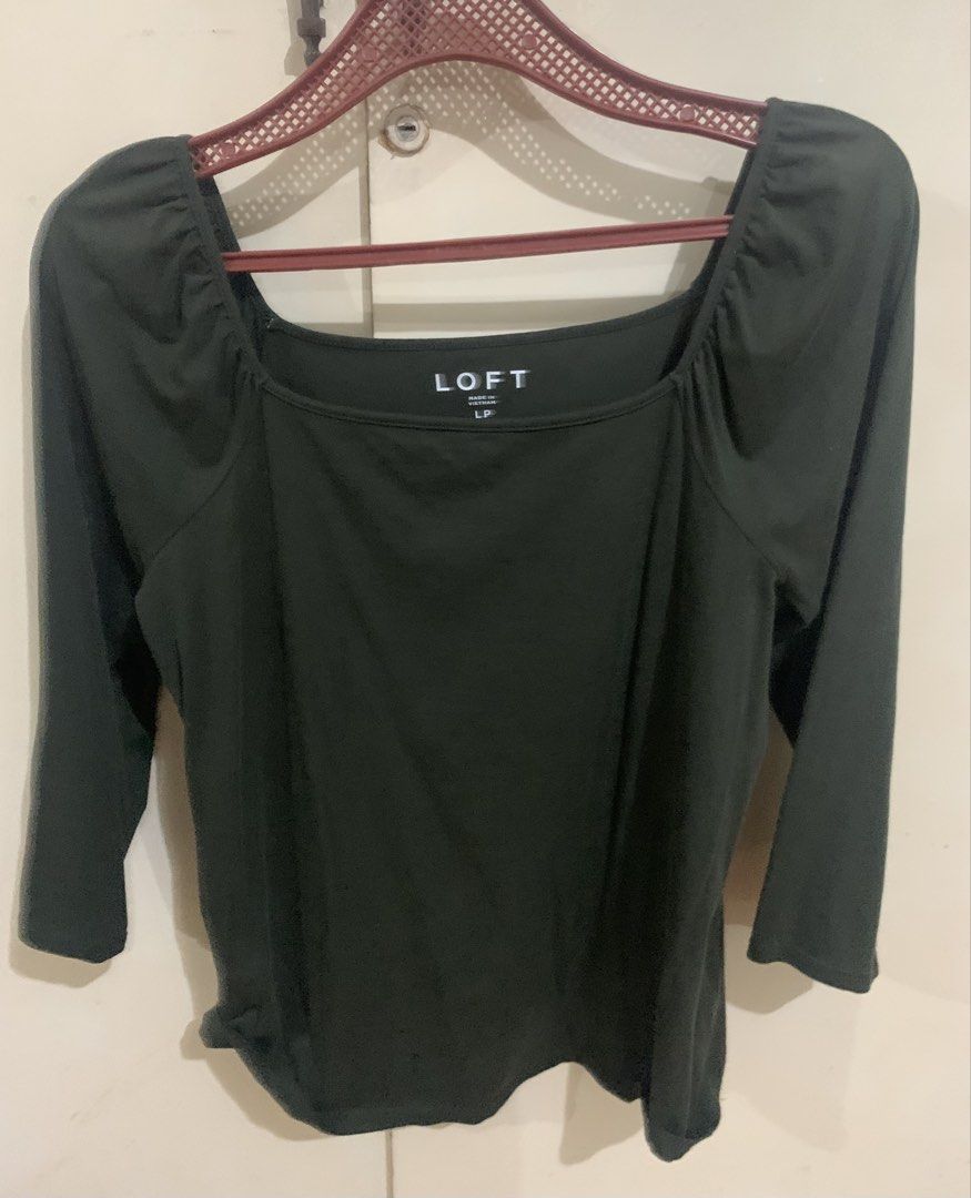 LOFT Square Neck 3/4 Sleeve Top (Olive Green) (Category: Blouses) located in Paranaque City. Submitted by vbvessentials (Listing ID 1460664259, Image 2). Description: - Brand: LOFT - Color: Olive Green - Neckline: Square - Sleeves: 3/4 length - Fabric: Stretchy - Origin: Made in Vietnam/ bought in the USA - Occasion: Great for casual wear or dressing up.
