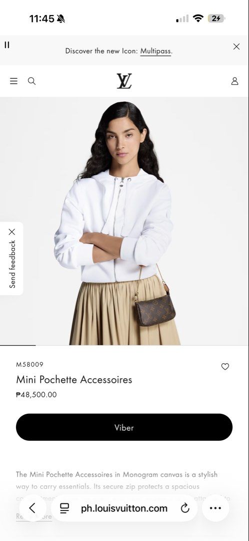 Louis vuitton mini pochette (Category: Purses & Pouches) located in Quezon City. Submitted by mimilove2shop (Listing ID 1460685841, Image 2). Description: COMPLETE W RECEIPT BOX PAPER BAG Negotiable 15.5 x 10.5 x 4 cm (Length x Height x Width) Monogram coated canvas Natural cowhide-leather trim Textile lining Gold-color hardware Chain with hook Zip closure Fits: LV Charms Card Holder, keys, earphones, lipstick Chain: NOT REMOVABLE Chain drop:15.0