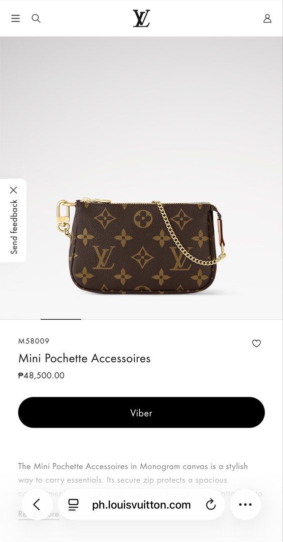 Louis vuitton mini pochette (Category: Purses & Pouches) located in Quezon City. Submitted by mimilove2shop (Listing ID 1460685841, Image 1). Description: COMPLETE W RECEIPT BOX PAPER BAG Negotiable 15.5 x 10.5 x 4 cm (Length x Height x Width) Monogram coated canvas Natural cowhide-leather trim Textile lining Gold-color hardware Chain with hook Zip closure Fits: LV Charms Card Holder, keys, earphones, lipstick Chain: NOT REMOVABLE Chain drop:15.0