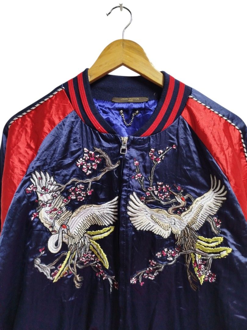 LOUIS VUITTON SILK CRANE BOMBER JACKET (Category: Coats, Jackets and Outerwear) located in Bayombong. Submitted by Gentlemans_ClosEt (Listing ID 1460645586, Image 2). Description: LOUIS VUITTON SILK CRANE BOMBER JACKET SIZE XLARGE DIMES: W23 x L27 GOOD CONDITION ISSUE LAST PHOTO.