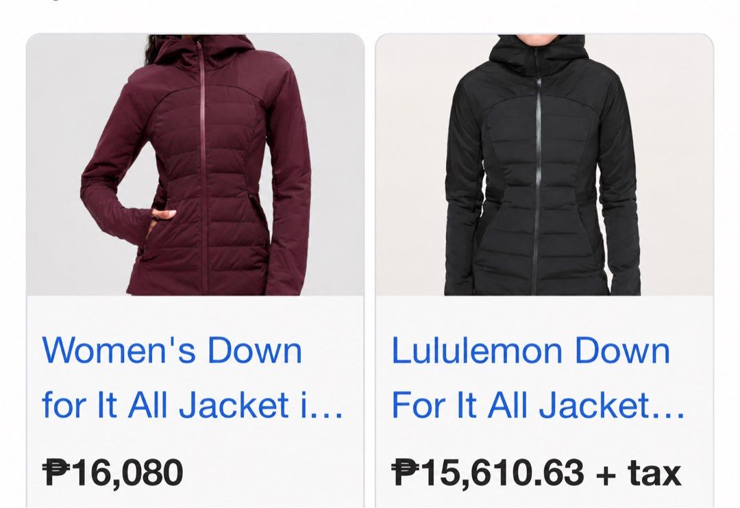 LULULEMON Down for It All Puffer Jacket 700-Fill Dot 12 (Category: Coats, Jackets and Outerwear) located in Manila. Submitted by manifestd. (Listing ID 1460549958, Image 3). Description: Lululemon Down for It All Jacket ✔️700-Fill Goose Down Primaloft Insulation ✔️Dot 12, Large-2XL, 21x26/28 ✔️4-way stretch, lightweight, breathable ✔️Water and wind proof, reflective details ✔️Secure pockets, phone sleeve, thumbholes ✔️Excellent condition, no issu