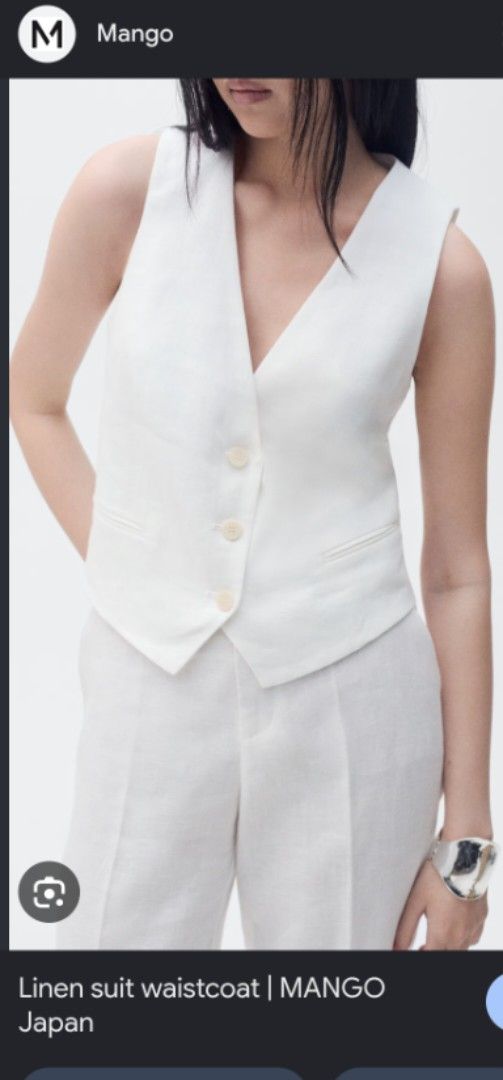 Mango Linen Suit Waistcoat (Category: Sleeveless) located in Mandaluyong City. Submitted by bravelion.d7402c (Listing ID 1460583560, Image 1). Description: - White linen suit waistcoat from Mango Japan - Button front closure - Versatile for smart casual or formal wear with tag - Purchase price: Php 1,595.