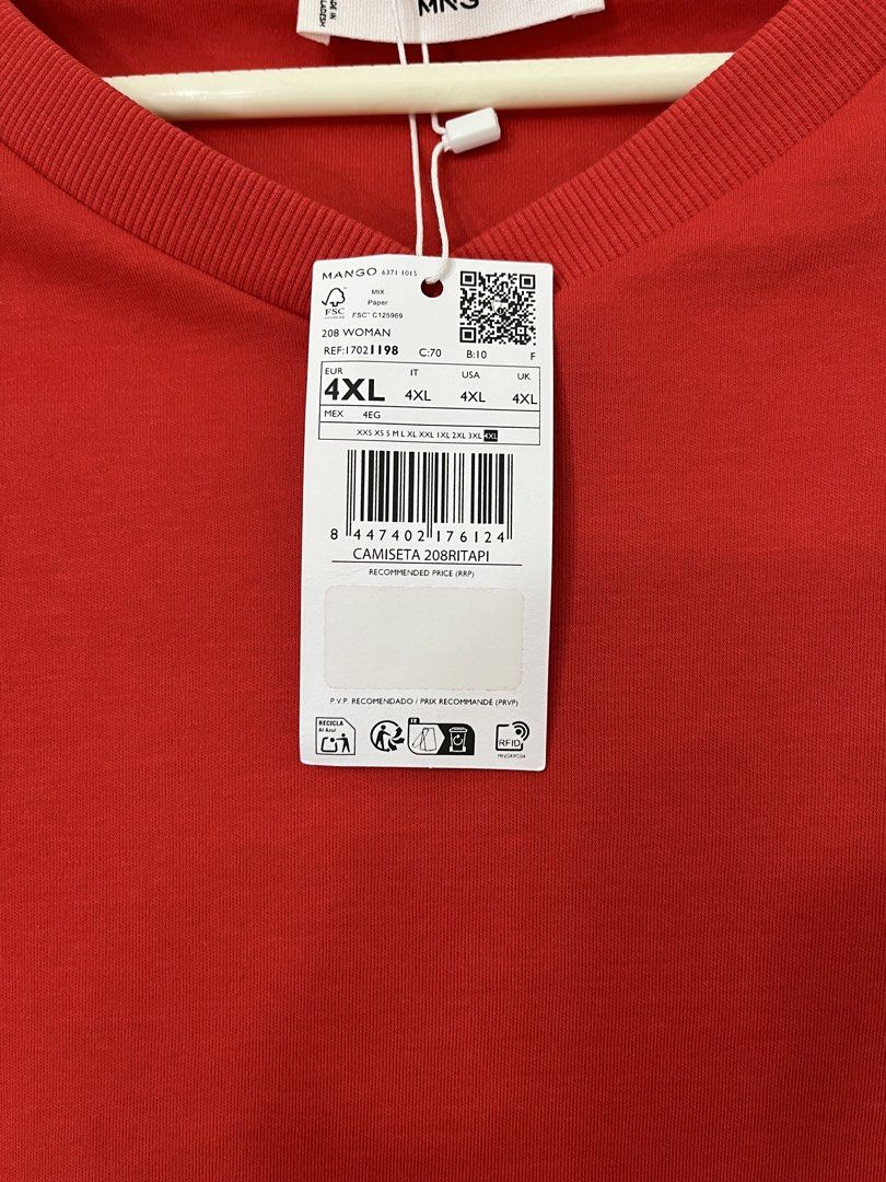 Mango Red V-Neck T-Shirt 4XL (Category: Shirts) located in Quezon City. Submitted by evee.tibs (Listing ID 1460657022, Image 1). Description: - Brand: Mango - Color: Red - Neckline: V-neck - Size: 4XL (EUR, IT, USA, UK), 4EG (MEX) - Material: Paper and FSC certified materials - Occasion: Casual wear.