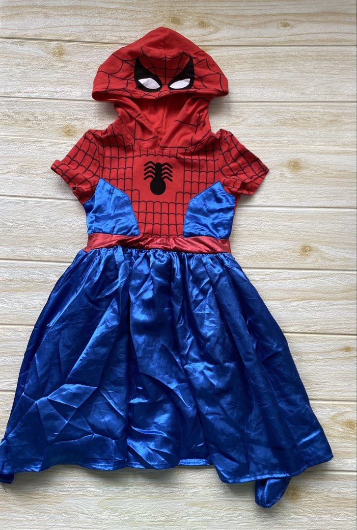 Marvel Spider-Man costume dress (Category: Babies & Kids Fashion) located in Cebu City. Submitted by yjainani (Listing ID 1460527997, Image 1). Description: red and blue Marvel Spider-Man cosplay dress featuring a web-patterned bodice and an attached character hood.