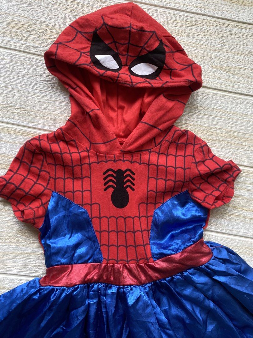 Marvel Spider-Man costume dress (Category: Babies & Kids Fashion) located in Cebu City. Submitted by yjainani (Listing ID 1460527997, Image 2). Description: red and blue Marvel Spider-Man cosplay dress featuring a web-patterned bodice and an attached character hood.