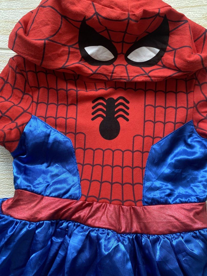 Marvel Spider-Man costume dress (Category: Babies & Kids Fashion) located in Cebu City. Submitted by yjainani (Listing ID 1460527997, Image 3). Description: red and blue Marvel Spider-Man cosplay dress featuring a web-patterned bodice and an attached character hood.
