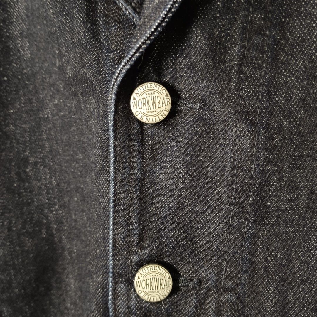 Men's - Uncle Fu - Maden (Category: Coats, Jackets and Outerwear) located in Bacolod City. Submitted by drop.ph (Listing ID 1460623544, Image 3). Description: Maden by Uncle Fu - Lapel Jean Jacket Authentic *Shawl Collar *Size XL - 23x29 *Excellent *No Flaws *Price: 2,000php *Add SF if outside Bacolod City .