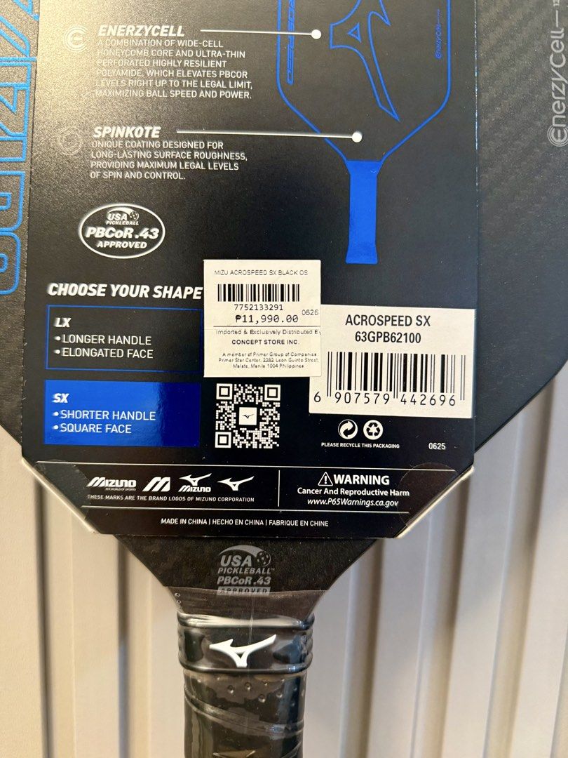 Mizuno Acrospeed SX Pickleball Paddle (Category: Racket and Ball Sports) located in Manila. Submitted by dr.sheldon (Listing ID 1460679256, Image 3). Description: - Mizuno Acrospeed SX pickleball paddle - Carbon composite construction for power and control - EnergyCell honeycomb core for a lightweight feel - SpinKote surface for enhanced spin - Shorter handle and square face design - USA Pickleball approved Brand New is 11,990 .