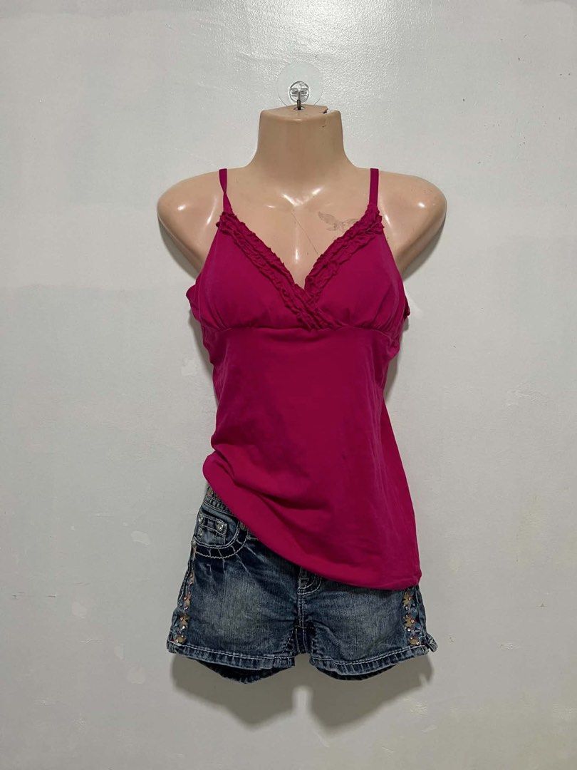 MKM Designs Pink Ruffled V-Neck Tank Top (Category: Sleeveless) located in Oroquieta. Submitted by zjstg (Listing ID 1460642473, Image 1). Description: - Pink V-neck tank top - Brand: MKM Designs - Features ruffled trim - Spaghetti straps - Comfortable and casual style - Ideal for layering or wearing alone - Pairs well with shorts or jeans -Dimensions Ptp: 15” Length: 22 Excellent/No issue 200+sf.