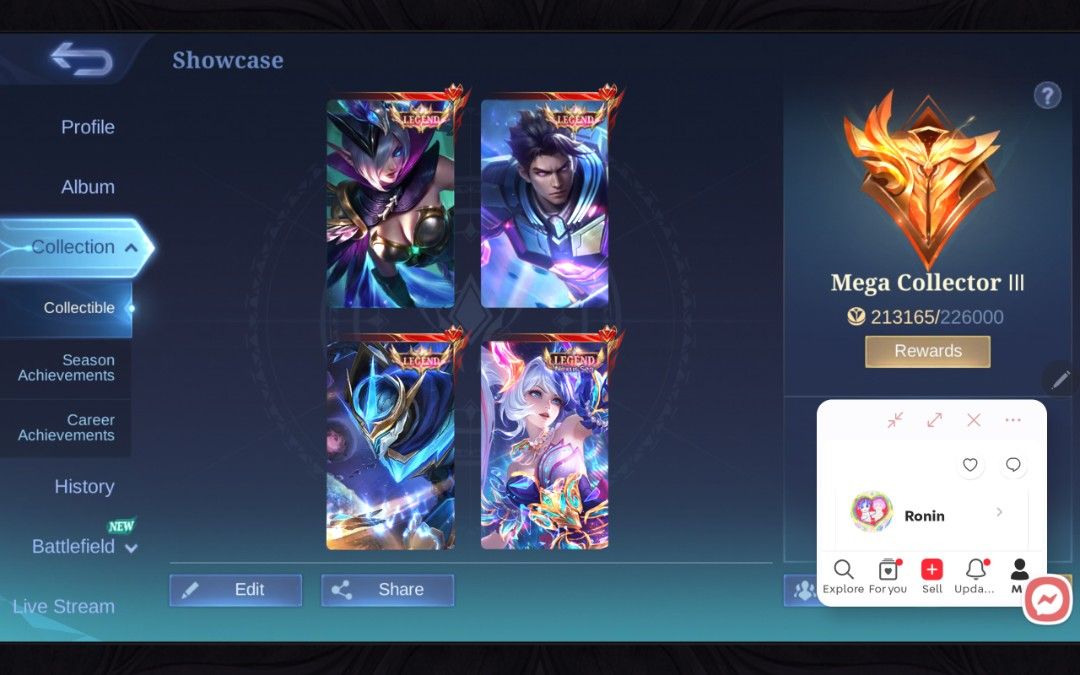 Mobile Legends Account - Mega Collector III (Category: Others) located in Taguig. Submitted by roninsoju (Listing ID 1460592439, Image 3). Description: first owner, inquire for more. 1 magic crystal 500 diamonds left sa acc.