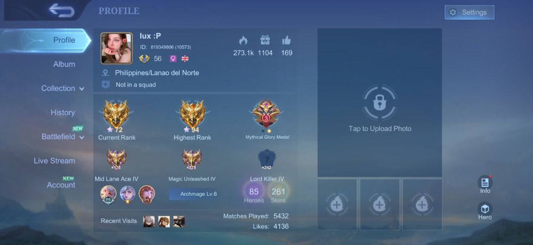 Mobile legends Girly Account (Category: Others) located in Iligan City. Submitted by keeneagle_3fcd56 (Listing ID 1460651535, Image 2). Description: Price: ₱7,500 negotiable 📌 Reason for selling: Personal/family reasons ACCOUNT DETAILS: 🎭 85 Heroes 👗 261 Skins 🏆 Current Rank: Mythical Glory 72⭐ 👑 Highest Rank: Mythical Glory 94⭐ 🏅 Mythical Glory Medals: 3 🎮 Matches Played: 5,432 ❤️ Likes: 4,136 🔥 Popularity: 273.1K ⭐ Archmage Lv. 6 🎖️ Mi