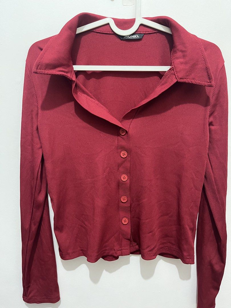 MONKL Ribbed Collared Button-Up Long Sleeve Top (Category: Longsleeves) located in Manila. Submitted by jonalainea95245 (Listing ID 1460708280, Image 3). Description: - MONKL dark red ribbed top - Collared neckline - Button-up front - Long sleeves - Stretchy material - Best fits XS or S.