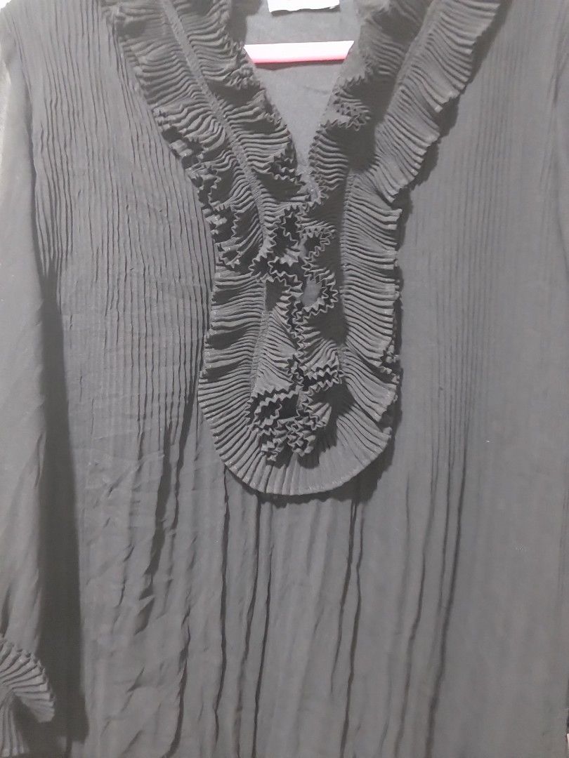 Moschino Black Pleated Ruffle Sheer Blouse (Category: Blouses) located in Manila. Submitted by PrinceDani.Clothing (Listing ID 1460563848, Image 3). Description: moschino black pleated ruffles sheer medium 18.5in width 24in length excellent condition .