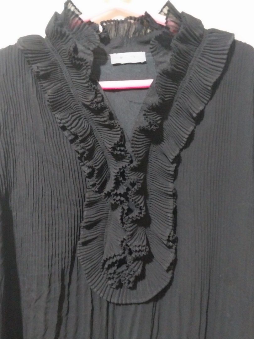 Moschino Black Pleated Ruffle Sheer Blouse (Category: Blouses) located in Manila. Submitted by PrinceDani.Clothing (Listing ID 1460563848, Image 2). Description: moschino black pleated ruffles sheer medium 18.5in width 24in length excellent condition .