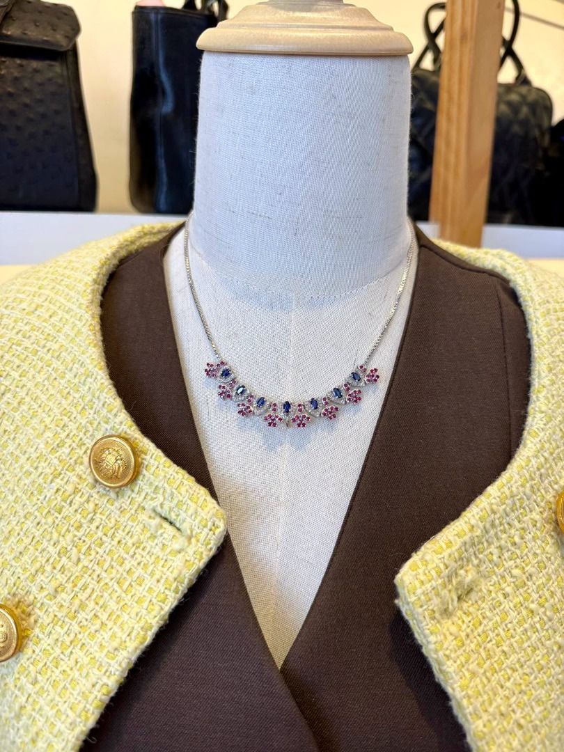 Natural Sapphire & Ruby Diamond Necklace in Silver Setting (Category: Necklaces) located in Baguio. Submitted by asna_taku (Listing ID 1460549256, Image 3). Description: 💙 Natural Sapphire & Ruby Diamond Necklace in Silver Setting A statement piece with so many ways to wear it! ✨ The combination of vivid blue natural sapphires, rich red rubies, and sparkling diamonds creates an elegant floral-inspired design that instantly elevates any outfit. �