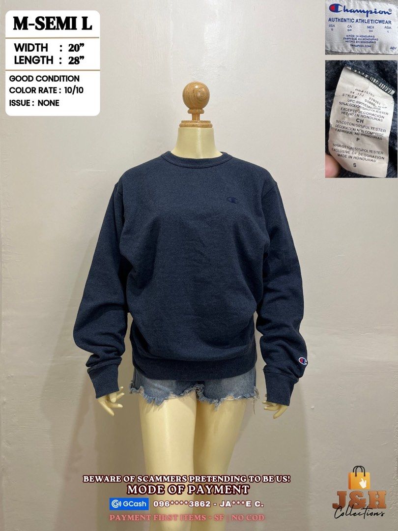 Navy Blue Sweatshirt M-Semi L (Category: Coats, Jackets and Outerwear) located in Rizal. Submitted by jahcollectionshop (Listing ID 1460541758, Image 1). Description: - Champion Authentic Athleticwear sweatshirt - Color: Navy Blue (10/10 condition) - Size: Medium - Semi Large (Width: 20 inches, Length: 28 inches) - Origin: Made in Honduras - Material: 50% Cotton, 50% Polyester.