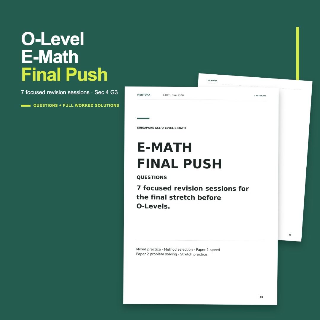 O Level E Math Final Push Revision Pack | Sec 4 G3 | Paper 1 & 2 Practice | Worked Solutions (Category: Assessment Books) located in Singapore. Submitted by studywithmentora (Listing ID 1460657192, Image 1). Description: Preparing for O-Level E-Math and already done topical worksheets, TYS or prelim papers? Mentora E-Math Final Push is a physical 2-booklet revision set for Sec 4 G3 students in the final stretch before O-Levels. Instead of giving 