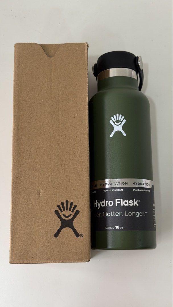 Olive green Hydroflask 18oz / 532ml (Category: Water Bottles & Tumblers) located in San Juan City. Submitted by rackysabido (Listing ID 1460579886, Image 2). Description: - complete with box and info card - never used - RFS: extra tumbler.