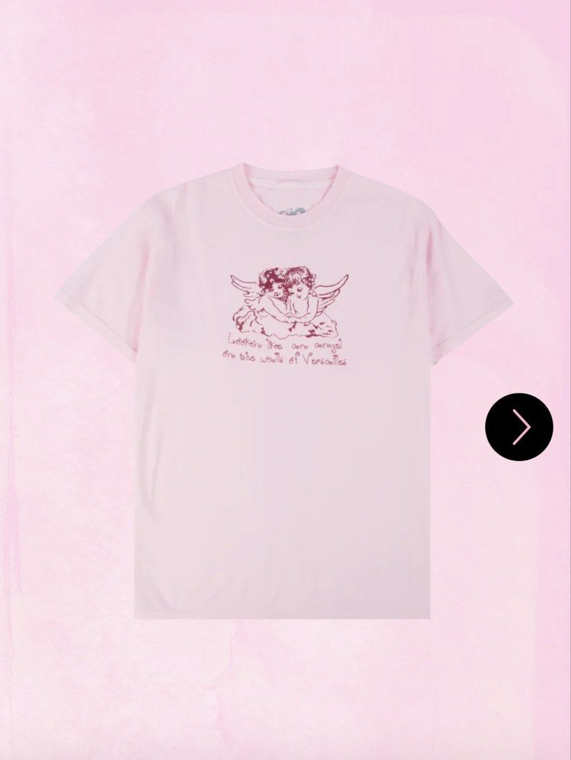 Olivia Rodrgio Drop Dead Merch (Category: Shirts) located in Manila. Submitted by addiee.r (Listing ID 1460647247, Image 1). Description: - Adorable pink t-shirt with a unique cherub graphic. - Graphic features the text 'Looking like angels on the walls of Versailles'. - Made from soft, comfortable material. - Relaxed fit, ideal for everyday wear. - Versatile piece that pairs well with various outfits..