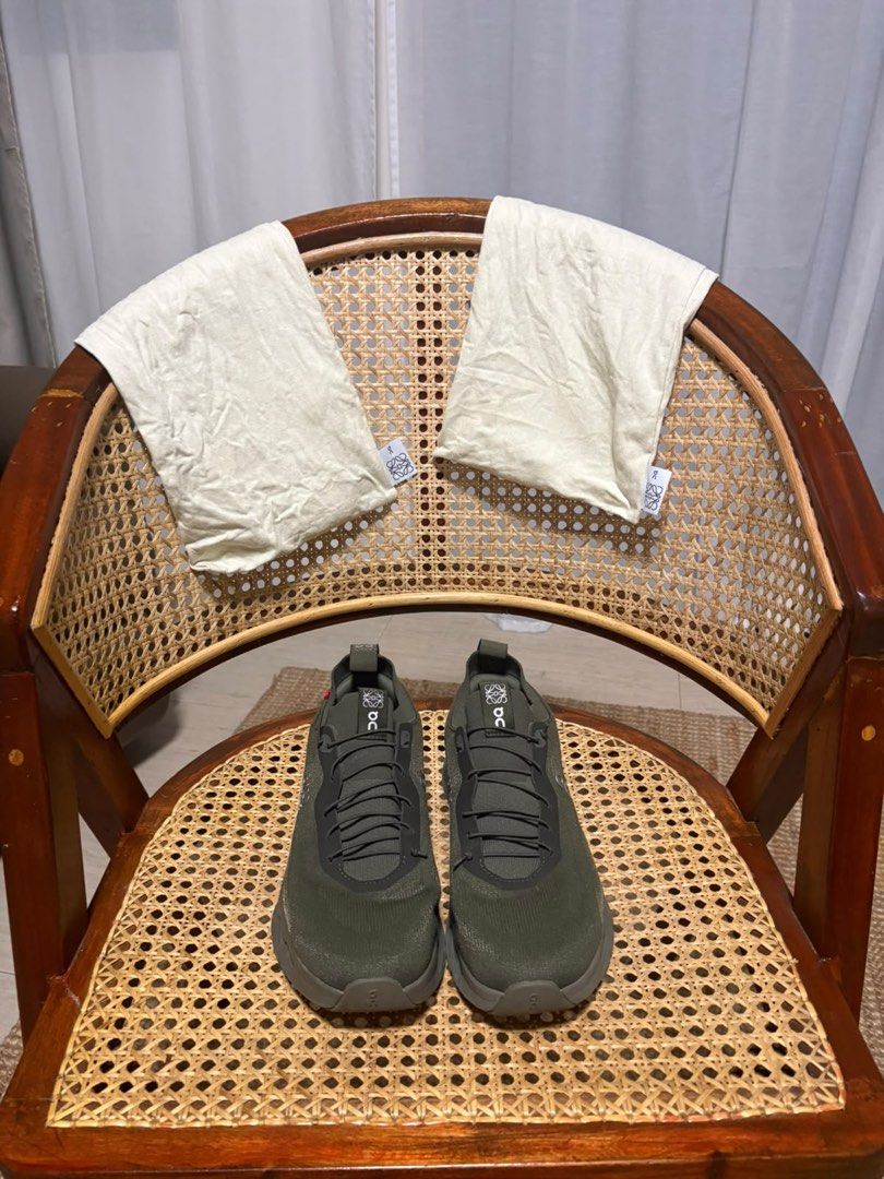 ON × LOEWE CLOUDTILT (Khaki Green) (Category: Sneakers) located in Manila. Submitted by caprice.pl (Listing ID 1460601008, Image 3). Description: Pre-owned, authentic. ON Running × LOEWE Cloudtilt in Khaki Green, US 9.5 / EU 42.5. A luxury-house collaboration that rarely surfaces locally. Pairs On’s lightweight CloudTec sole and speed-lace system with Loewe’s quiet, elevated design language. Ships with the original Loewe dust bags. Worn lightly, 