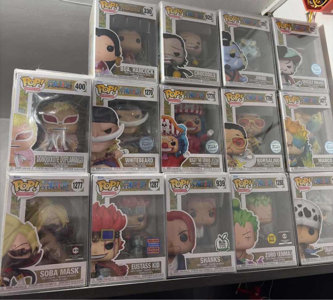 One Piece Funko Pop! Vinyl Figures - Various Characters (Category: Figurines & Statues) located in Manila. Submitted by breathenei (Listing ID 1460516962, Image 1). Description: One piece lot - 6500 14pcs Box Condition: Doflamingo - slight tear on top left Zoro enma - crease on top right The rest good condition Imus Loc.