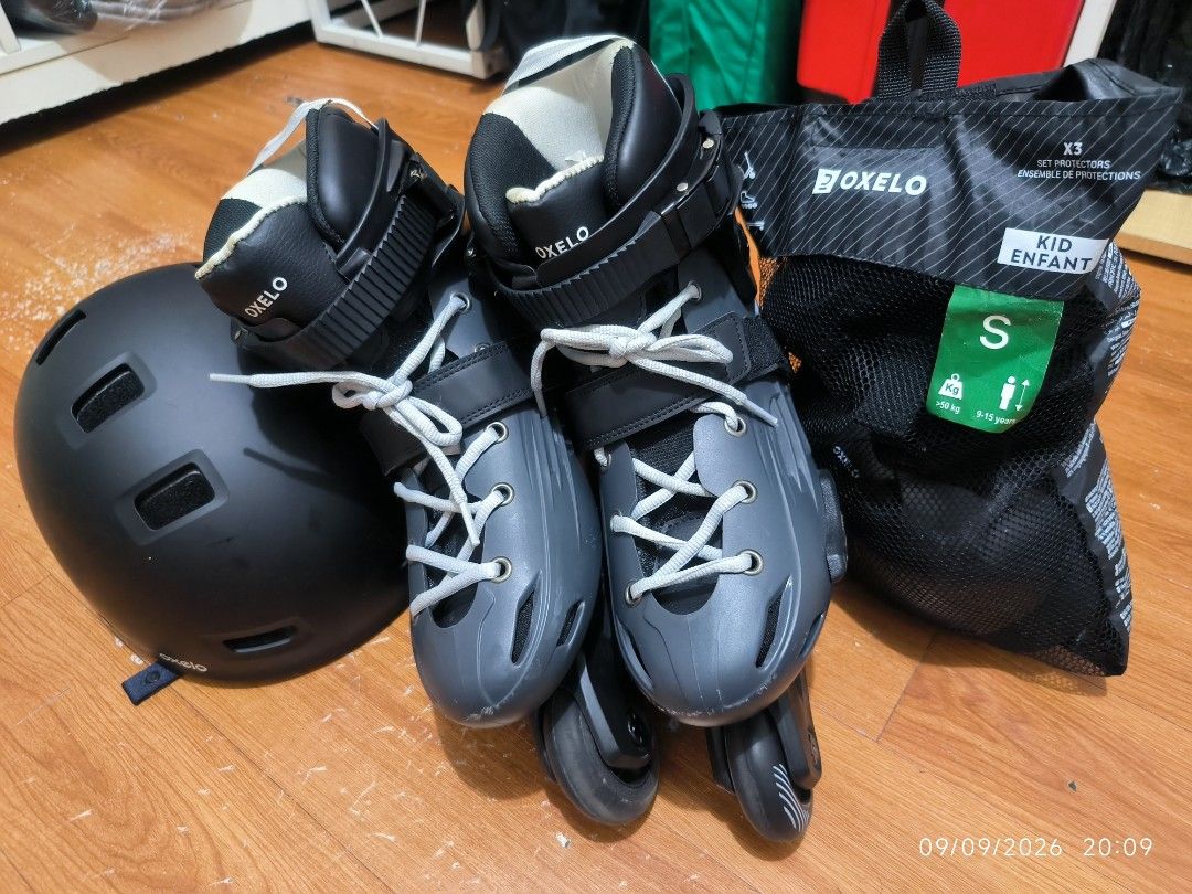 Oxelo Inline Skates Helmet and Protectors Set (Category: Other Sports Equipment and Supplies) located in Pasig City. Submitted by dan_untouchable (Listing ID 1460645659, Image 1). Description: - Oxelo inline skates (Size S) - adjustable with laces and straps - Black helmet included - Set of protectors (Size S) in a mesh bag - Oxelo undershort with tailbone protection sz Small US - Ideal for beginner skaters - Great for fun on wheels!.