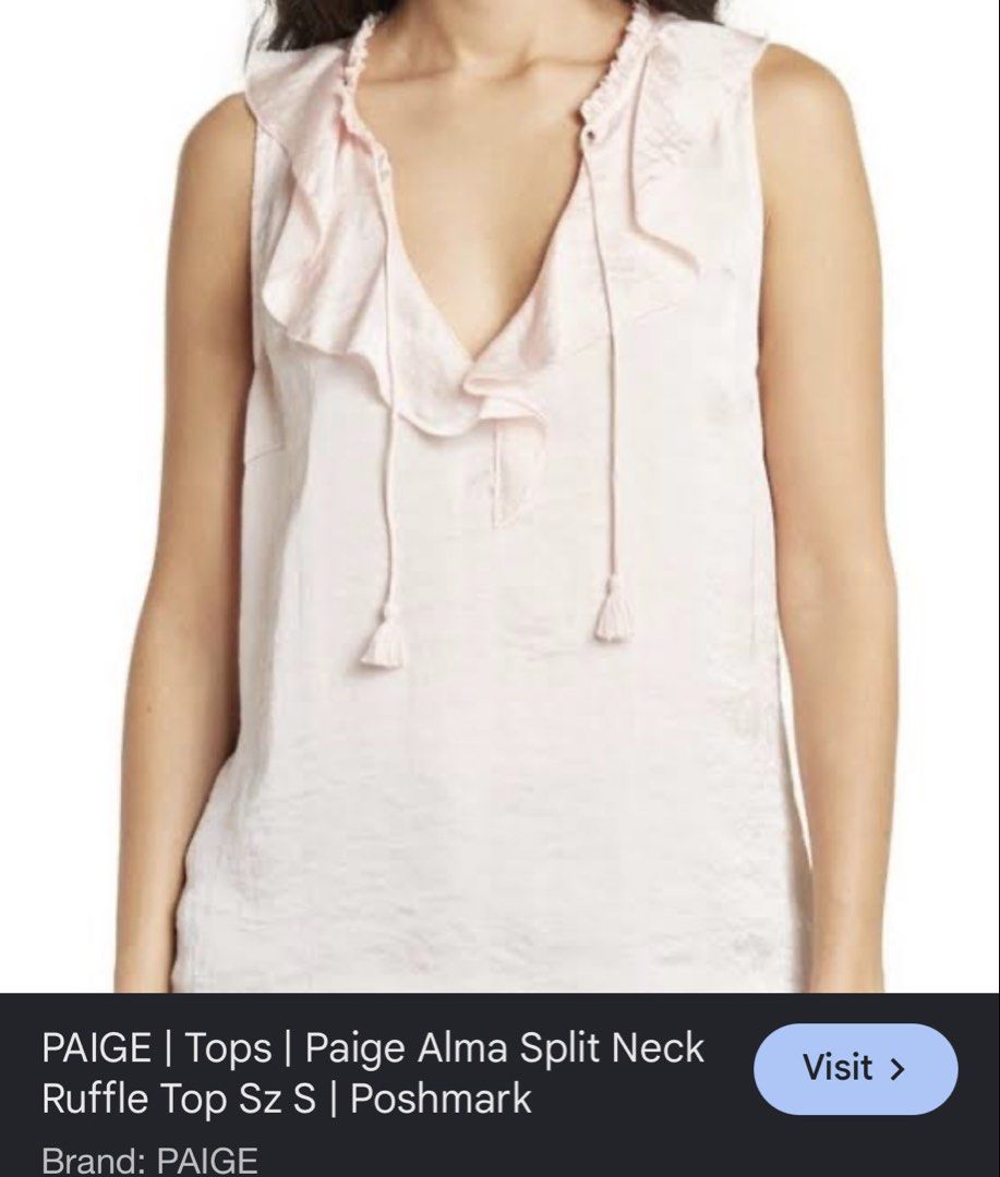 PAIGE Pink Ruffle Split Neck Sleeveless Blouse Size S (Category: Blouses) located in Rosales. Submitted by thriftingismygame (Listing ID 1460535769, Image 2). Description: - Brand: PAIGE - Color: Light Pink - Style: Sleeveless Blouse - Neckline: Ruffled split neck with tie tassels - Fabric: Lightweight - Versatility: Perfect for dressing up or down, easy to style for any occasion.