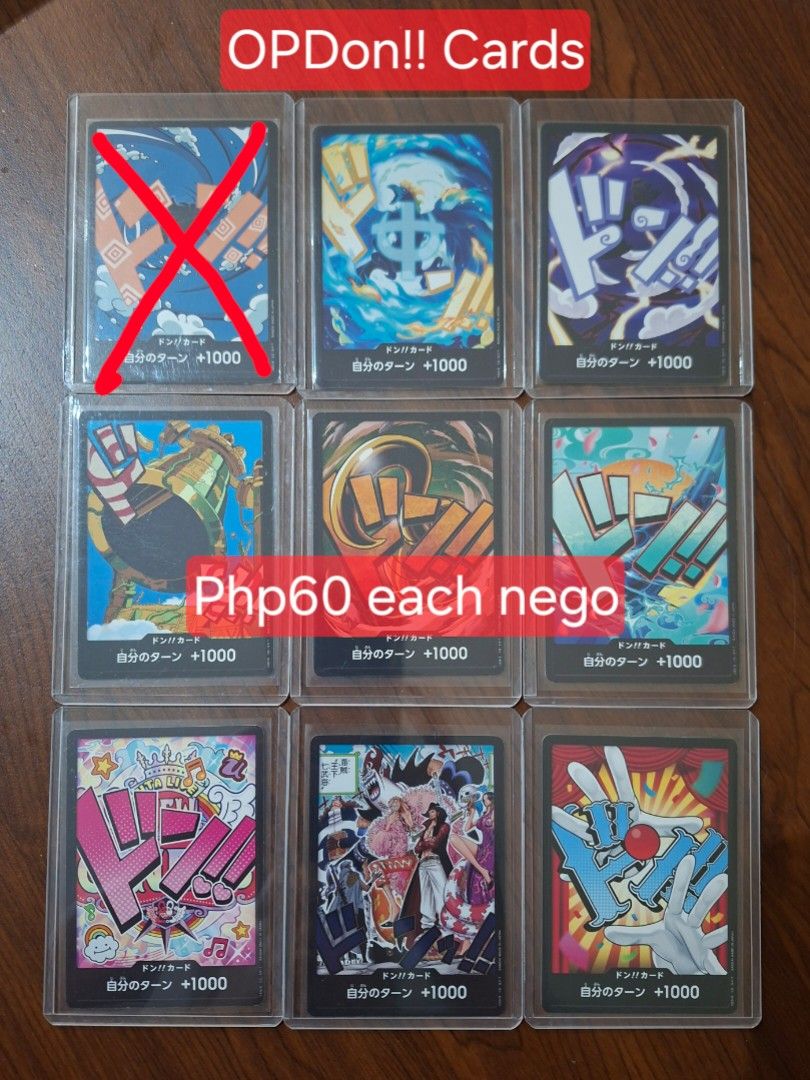 Php60 each One Piece Card Game Don!! Cards +1000 (Category: Raw Singles) located in Taytay. Submitted by bouncy_bee (Listing ID 1454654275, Image 1). Description: - One Piece Don!! cards - Each card provides a +1000 attack boost for your turn - Ideal for One Piece card game players and collectors - All cards come in protective sleeves.