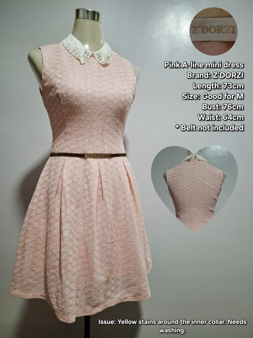 Pink A-line mini dress (Category: Dresses) located in Tarlac. Submitted by reimei12 (Listing ID 1460655059, Image 1). Description: Pink A-line mini dress Brand: Z'DORZI Length: 73cm Size: Good for M Bust: 76cm Waist: 64cm * Belt not included Issue: Yellow stains around the inner collar. Needs washing..