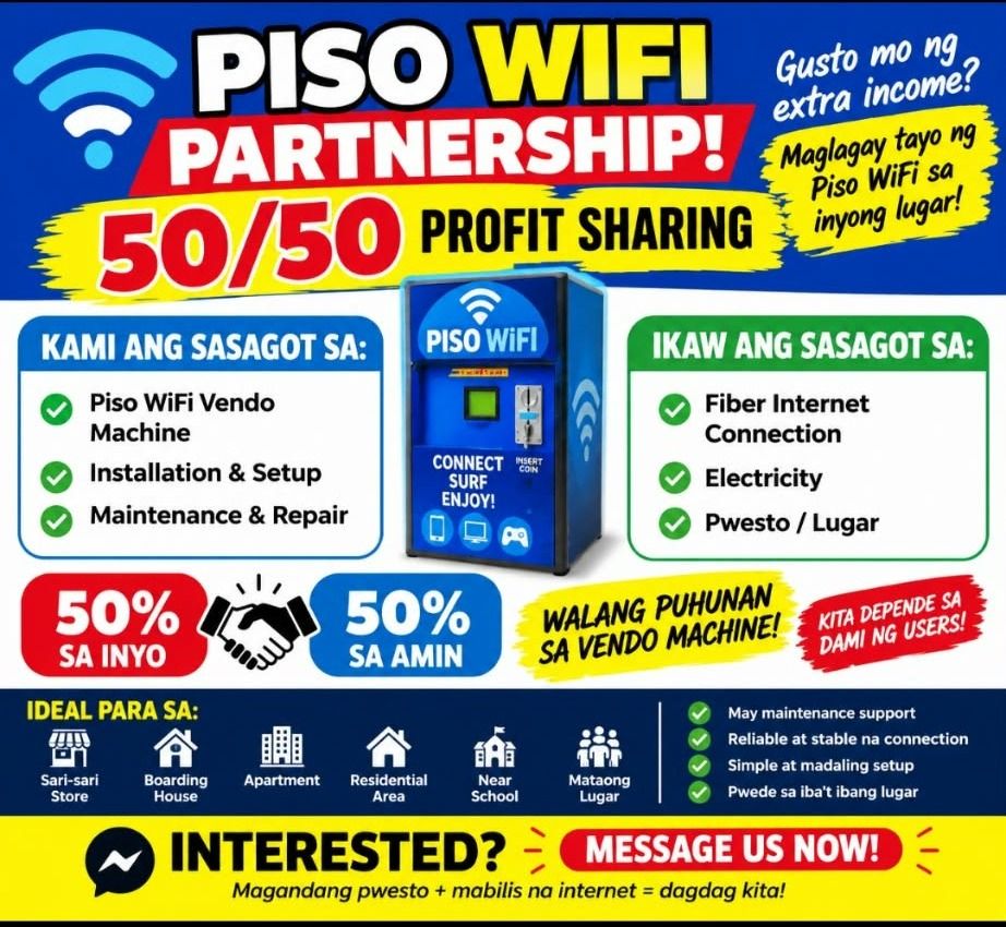 Piso Wifi Profit Sharing (Category: Office & Business Technology) located in Quezon City. Submitted by swiftcloud_c4826b (Listing ID 1460544812, Image 1). Description: “Gusto mo ng extra income? Maglagay tayo ng Piso WiFi sa inyong lugar! Walang puhunan sa vendo machine — kita depende sa dami ng users! Kami ang sasagot sa machine, setup, at maintenance; ikaw sa internet, kuryente, at pwesto. 50/50 profit sharing, simple setup, at reliable connect