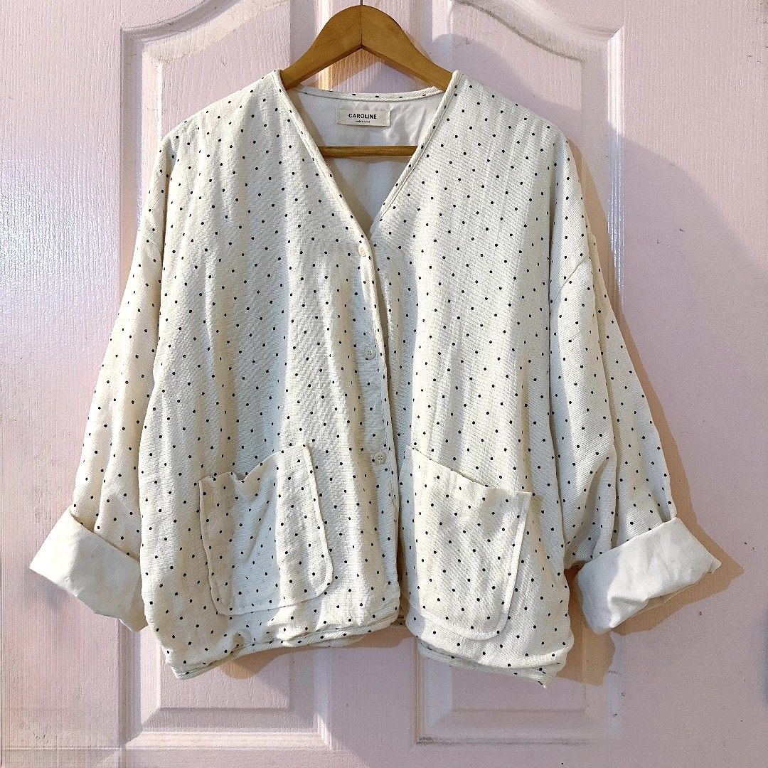 Polka Dot Oversized Cardigan (Category: Coats, Jackets and Outerwear) located in Manila. Submitted by withlovesam (Listing ID 1460621084, Image 1). Description: soo nice and rare! best paired with a black top and shorts!.