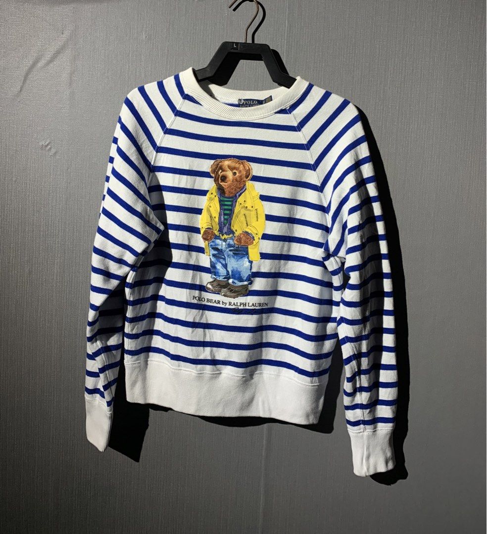 Polo Ralph Lauren (Polo Bear) (Category: Luxury Apparel) located in Bacolod City. Submitted by garagehunterbuyandsale (Listing ID 1460680031, Image 1). Description: Polo Ralph Lauren Blue & White Crewneck Bear Logo Fleece sweatshirt limited XS or size 19.5width and 23Length SPECIAL EDITION POLO by RALPH LAUREN “POLO BEAR” women’s stripped crew neck sweatshirt. A collectibles item, extremely rare item, not manufactured anymore and even used items 