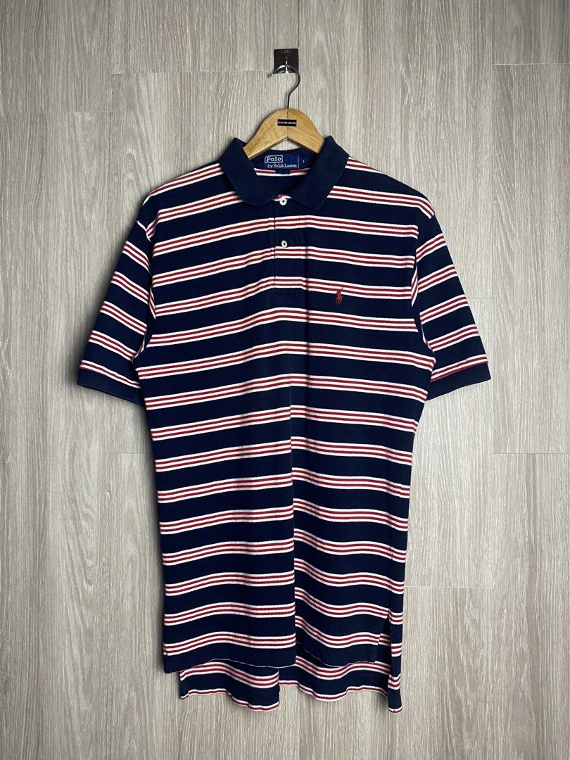 POLO RL STRIPES (TRI-COLOR) (Category: Tshirts & Polo Shirts ) located in Marikina City. Submitted by ilayastreetarchives_ (Listing ID 1460697508, Image 1). Description: NAVY BLUE / RED / WHITE Size tagged: M (M/L Fittings) Width/Waist: 22 Length: 31 Condition: Good to excellent Issue: Minimal slits *last slide Color rate: 9/10 .