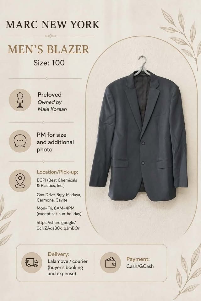 Preloved Marc New York Men's Blazer (Category: Coats, Jackets and Outerwear) located in Binan City. Submitted by croti_by_juliechi (Listing ID 1460576609, Image 1). Description: FOR SALE: Preloved Marc New York Men's Blazer Php1,500 PM for additional photo Location/Pick-up: BCPI (Best Chemicals & Plastics, Inc.) PTC, Brgy. Maduya, Carmona, Cavite Mon–Fri, 8AM–4PM (except sat-sun-holiday) https://share.google/0cKZAqs30x1qJmBOr Delivery: Lalamove /
