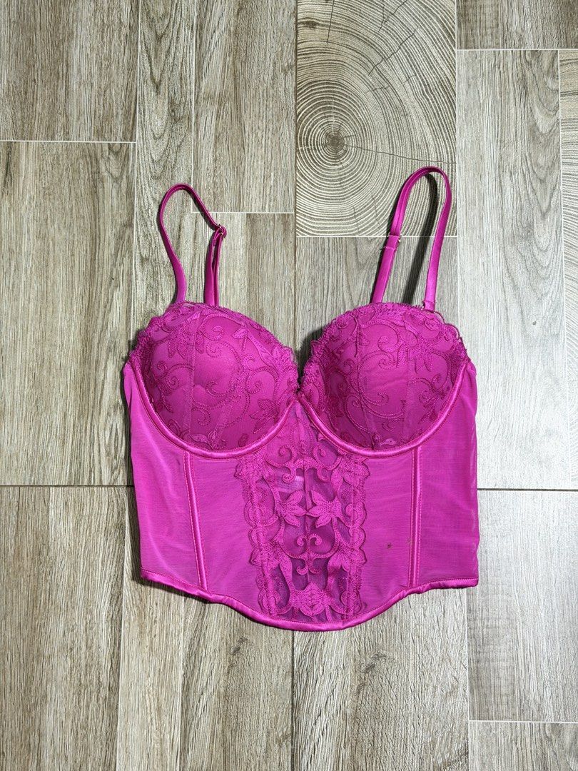 Primark Hotpink Corset (Category: Others Tops) located in Bacoor. Submitted by pinkzloverz222 (Listing ID 1460525466, Image 1). Description: Fit small-medium 34D bust Primark hot pink underwire corset top features floral lace detailing and adjustable straps. may washable stain lang (check last photo) still in good condition ₱150+sf.