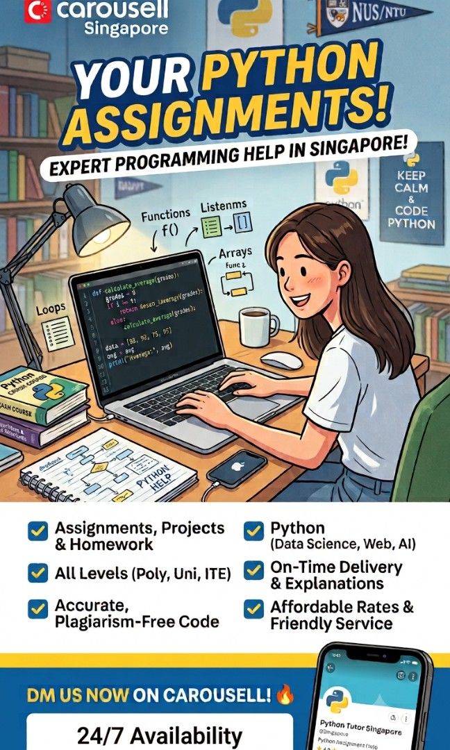 Python Programming & Coding Services | Programming Assignments, Projects & Office Tasks / website development (Category: Professional Skills) located in Singapore. Submitted by aassignment.sg (Listing ID 1181290066, Image 1). Description: Need help with Python programming, coding projects, programming assignments, or office automation tasks? Get reliable and professional coding support for academic learning and business needs. 💻 Services Include