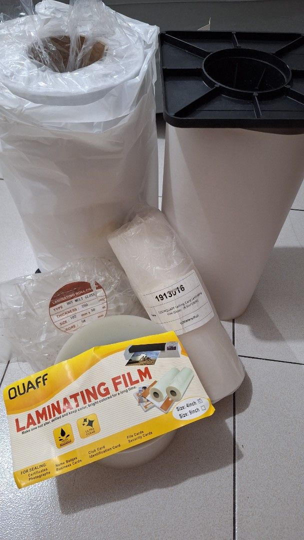 Quaff Laminating Films (Category: Craft Supplies & Tools) located in Quezon City. Submitted by mjustinreyes (Listing ID 1460563953, Image 1). Description: Quaff Laminating films REPRICED 1500 take all 2 rolls 12in by 50m Matte - (1 bnew 1 barely used) 1 roll Hot Melt 4in by 50m Glossy 1 roll Calling Card Laminate Film 8.5in x 100m RFS change of plans Katipunan QC Shipping c/o buyer.