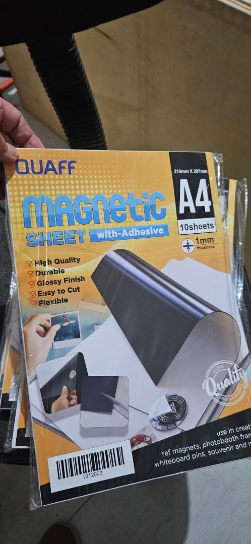 QUAFF Magnetic Sheet w/ Adhesive A4 1mm (Category: Assessment Books) located in Pasig City. Submitted by calmdragon (Listing ID 1460657749, Image 1). Description: - 7 packs available, 300 each - Brand: QUAFF - Product: Magnetic Sheet with Adhesive - Size: A4 (210mm x 297mm) - Thickness: 1mm - Quantity: 10 sheets - Features: High Quality, Durable, Glossy Finish, Easy to Cut, Flexible - Application: Create custom ref magnets, photobooth frames, whi