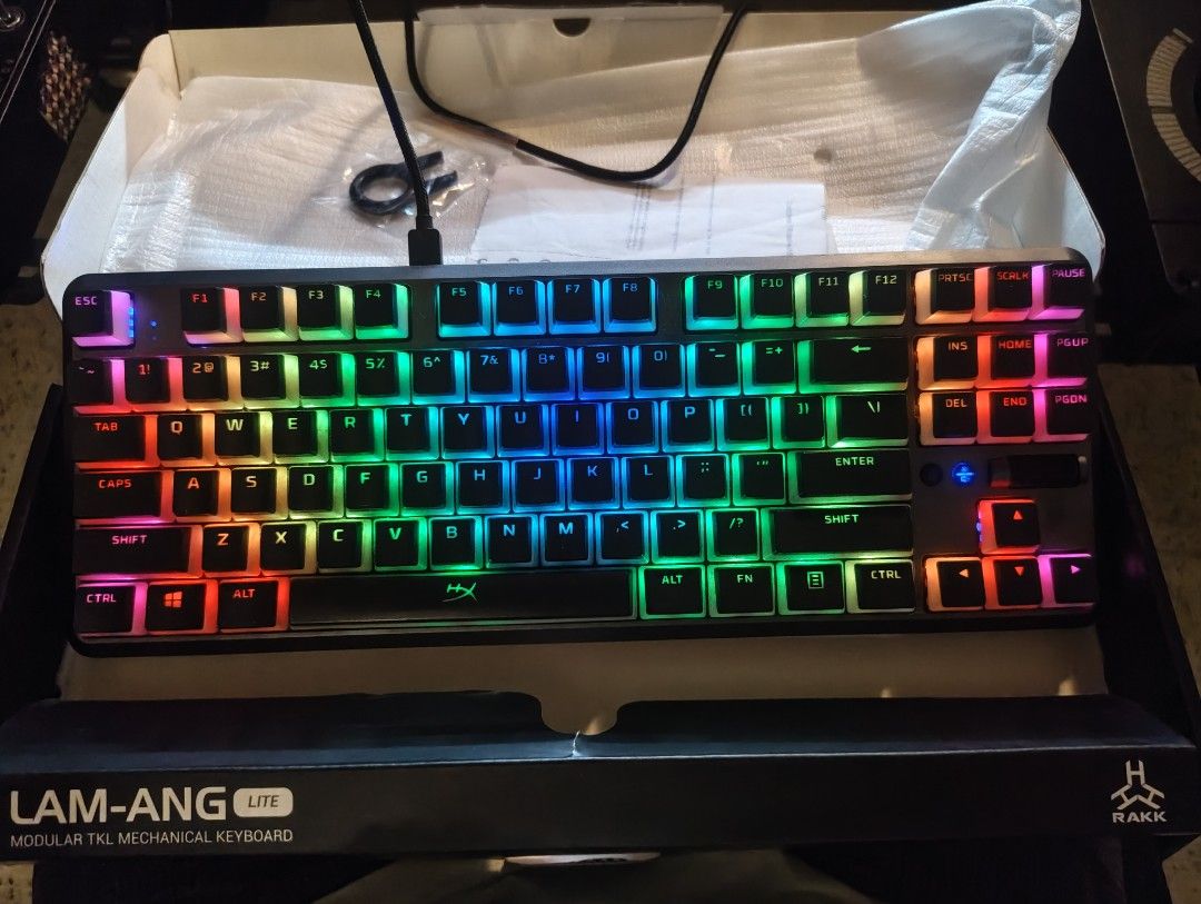 RAKK LAM-ANG LITE Modular TKL Mechanical Keyboard with Hyperx keycaps (Category: Computer Keyboard) located in Quezon City. Submitted by keikomizer (Listing ID 1460646275, Image 2). Description: - Vibrant RGB lighting - Convenient USB-C connection - Anti-ghosting and N-key rollover for seamless gameplay - Compact TKL layout, perfect for gaming or typing - Includes original box and accessories Used for two years. Then was stored after. No defects 