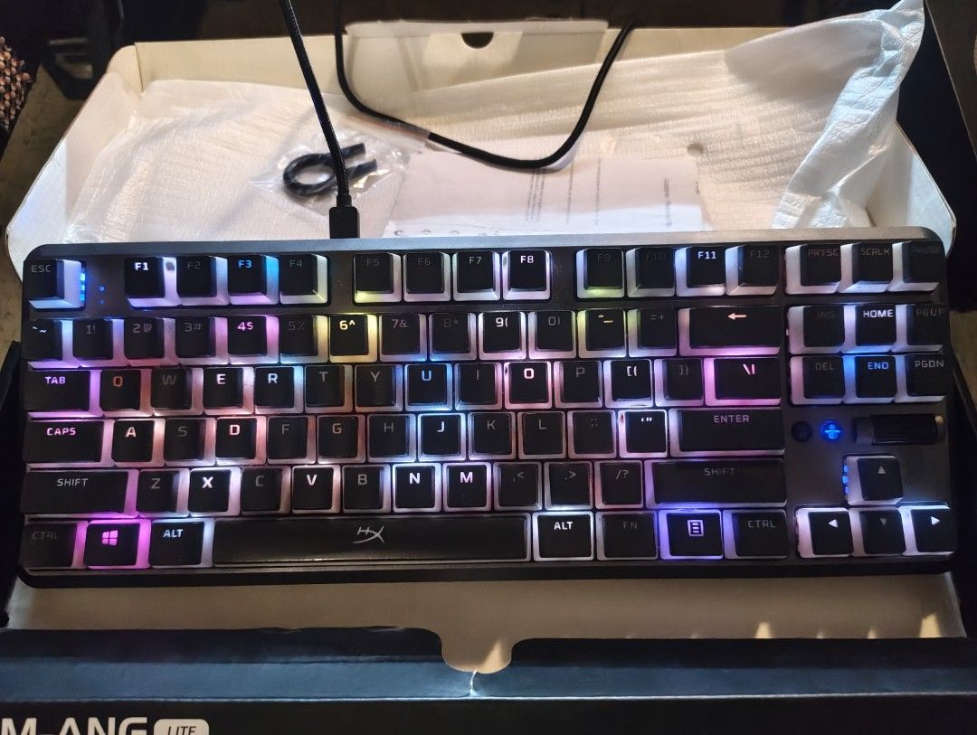 RAKK LAM-ANG LITE Modular TKL Mechanical Keyboard with Hyperx keycaps (Category: Computer Keyboard) located in Quezon City. Submitted by keikomizer (Listing ID 1460646275, Image 3). Description: - Vibrant RGB lighting - Convenient USB-C connection - Anti-ghosting and N-key rollover for seamless gameplay - Compact TKL layout, perfect for gaming or typing - Includes original box and accessories Used for two years. Then was stored after. No defects 
