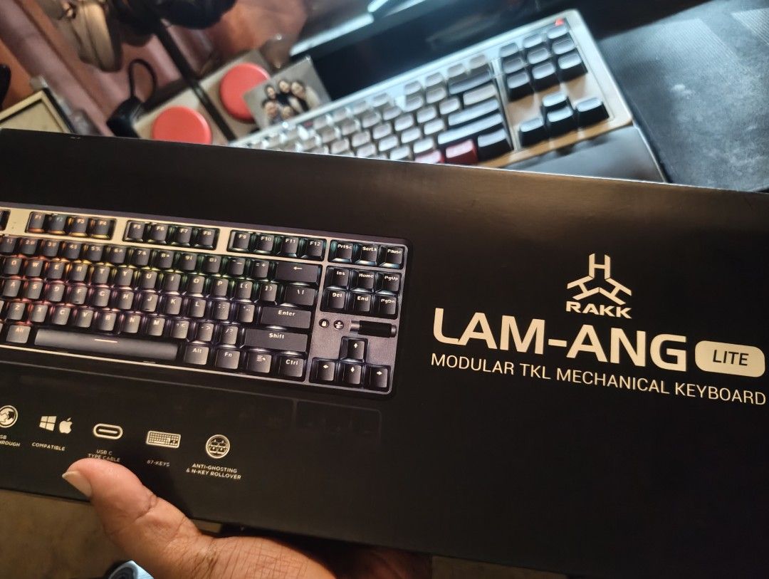 RAKK LAM-ANG LITE Modular TKL Mechanical Keyboard with Hyperx keycaps (Category: Computer Keyboard) located in Quezon City. Submitted by keikomizer (Listing ID 1460646275, Image 1). Description: - Vibrant RGB lighting - Convenient USB-C connection - Anti-ghosting and N-key rollover for seamless gameplay - Compact TKL layout, perfect for gaming or typing - Includes original box and accessories Used for two years. Then was stored after. No defects 