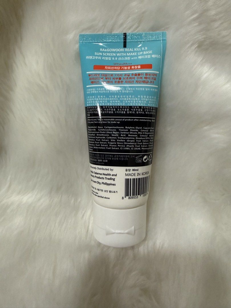 REAL KILL 9.9 Sun Screen with Make Up Base SPF 50 PA+++ (Category: Face Care) located in Quezon City. Submitted by jezjewels.ph (Listing ID 1460687869, Image 2). Description: - Brand: RA&GOWOORI - Product: REAL KILL 9.9 Sun Screen - Protection: SPF 50 PA+++ - Features: UVA/UVB protection, Makeup base - Benefit: Highly effective filters for sun defense.
