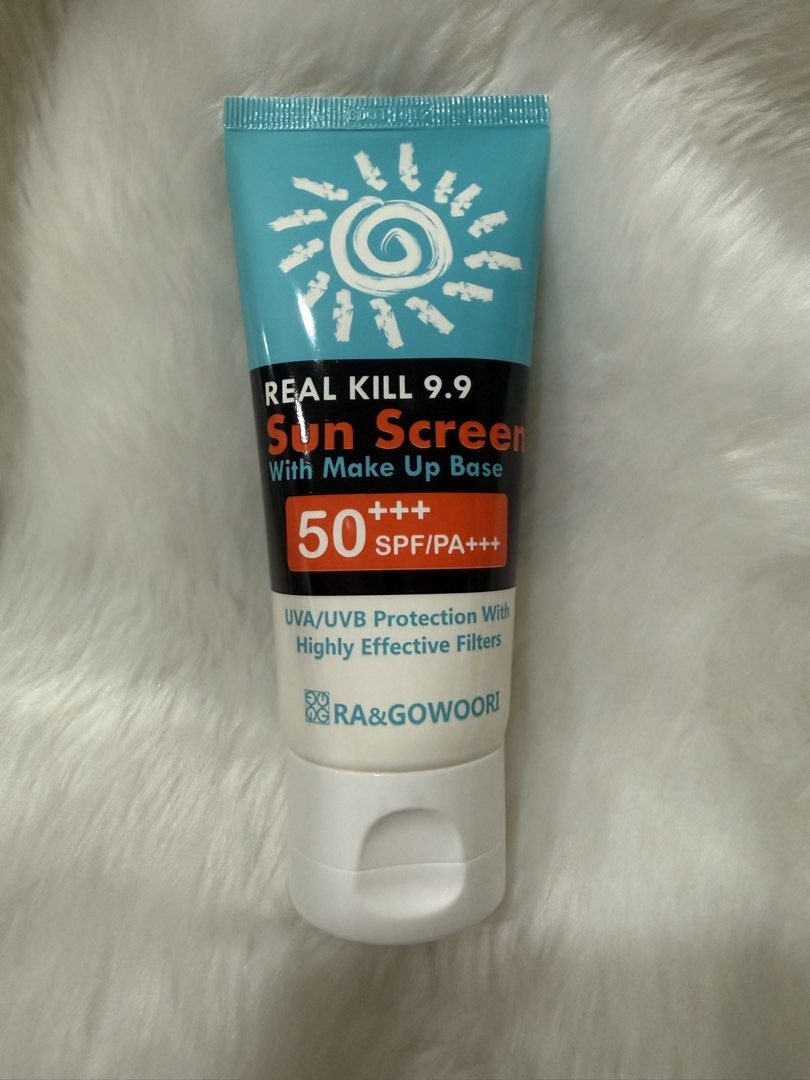 REAL KILL 9.9 Sun Screen with Make Up Base SPF 50 PA+++ (Category: Face Care) located in Quezon City. Submitted by jezjewels.ph (Listing ID 1460687869, Image 1). Description: - Brand: RA&GOWOORI - Product: REAL KILL 9.9 Sun Screen - Protection: SPF 50 PA+++ - Features: UVA/UVB protection, Makeup base - Benefit: Highly effective filters for sun defense.