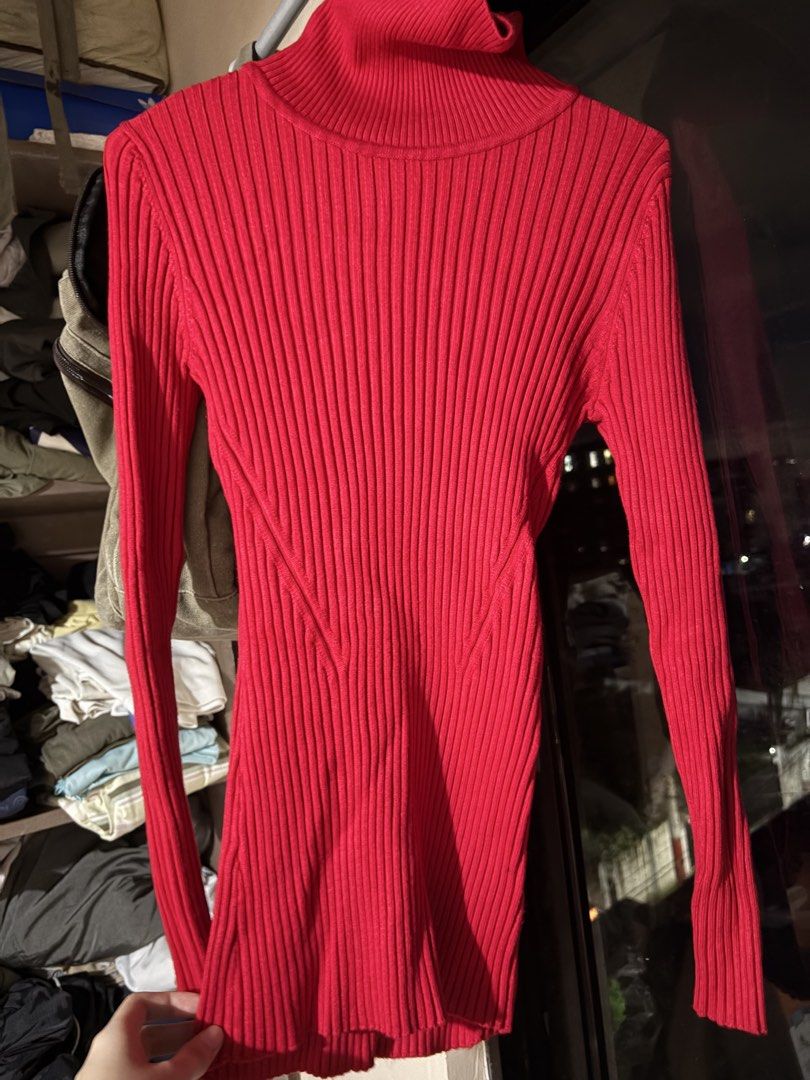 Red Ribbed Turtleneck Long Sleeve Sweater (Category: Longsleeves) located in Manila. Submitted by bbabbyj (Listing ID 1460660823, Image 2). Description: PLS CLICK on ATTACHED ACTUAL PICS TO SEE FULL PIC WHEN WORN ‼️ - Classic red ribbed turtleneck sweater - Stretchy m with illusion in front for a flattering fit - Thick material - Fits XS-M My size for reference: Bust - 34b Waist - 28-29 SF shouldered by buyer RFS: Only used once for an emergency 